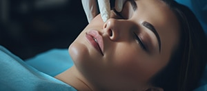 beautician touching a woman's nose for rhinoplasty