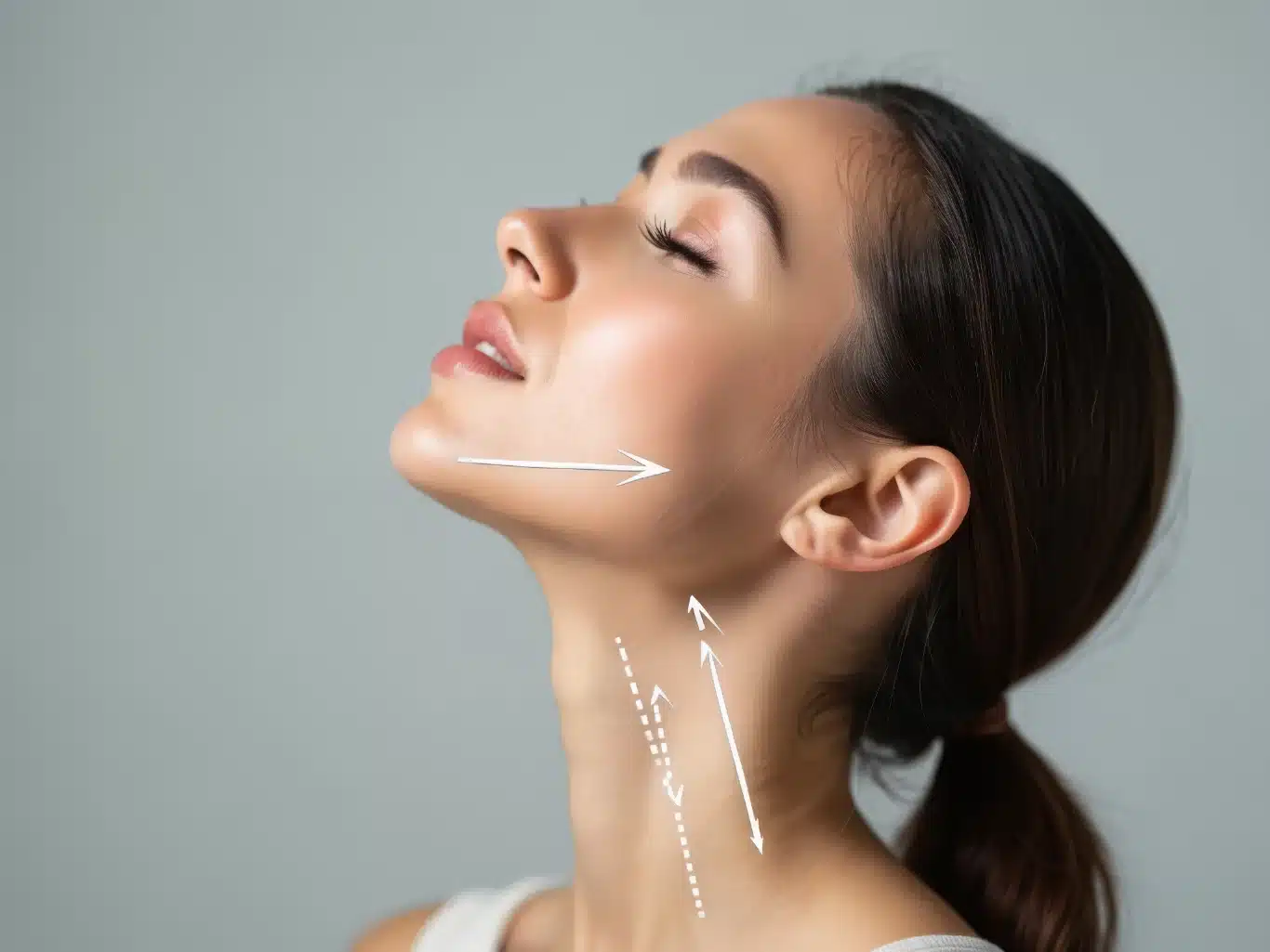Woman chin and neck analyzed with arrows for cosmetic surgery procedure
